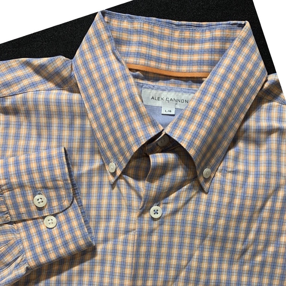 Alex Cannon Dress Shirt Mens Large Orange Blue Check Plaid Button Down Easter